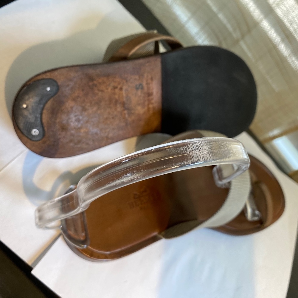 Hermes brown leather fabric thong sandals mules flats $1400 slip-on size 37-7 - Picture 7 of 8